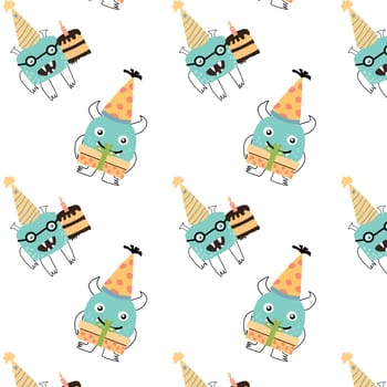 cute tiny monster and cake - birthday pattern. Vector illustration can used for wrapping, scrapping, textile, decor, wallpaper, clothes print, cover design, posters and banners.