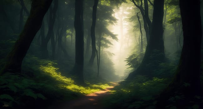 Beautiful green forest, dark mode tones. Generated AI