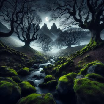 Beautiful green forest, dark mode tones, long exposure picture, small river. Generated AI