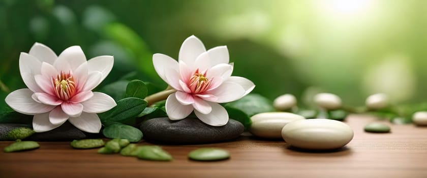 Spa Concept - Massage Stones With Stones And Flowers. Generative AI.