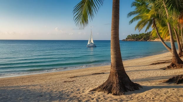Sunny tropical Caribbean beach with palm trees and turquoise water, island vacation, hot summer day. Generated AI