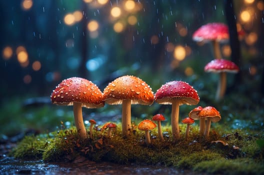 Fantastic wonderland forest landscape with red mushrooms. Generated AI.
