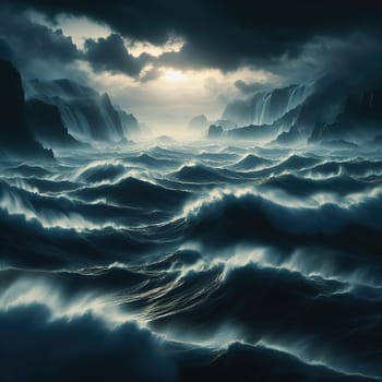 Stormy sea at night. Heavy sea. A strong storm with big waves in the ocean. Night thunderstorm. Generative AI.