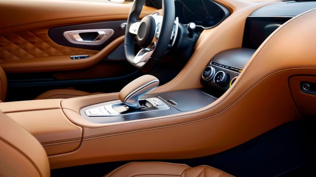 Automatic gear stick of a modern car. Modern car interior details.  Brown leather interior with stitching. AI generated