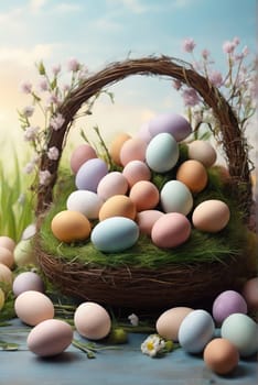 Easter eggs in the meadow. Eastern concept. Generated AI
