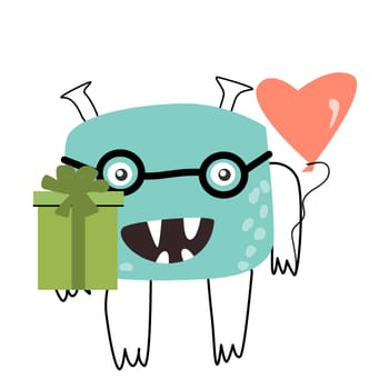 Celebration birthday cute monster for card. Vector illustration of cute doodle characters for invitation design, menu background, greeting card.