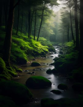 Beautiful green forest, dark mode tones, long exposure picture, small river. Generated AI