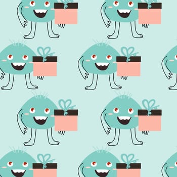 Cute alien animal and birthday box pattern. Vector illustration can used for wrapping, scrapping, textile, decor, wallpaper, clothes print, cover design, posters and banners.