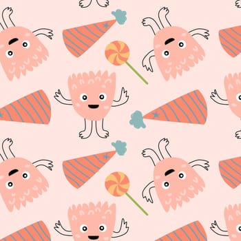cute monster and birthday cap seamless pattern. Vector illustration can used for wrapping, scrapping, textile, decor, wallpaper, clothes print, cover design, posters and banners.