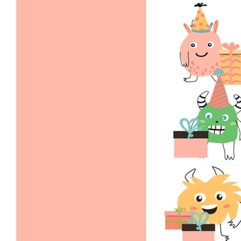 Celebration birthday monster background - card template. Vector illustration of cute doodle characters for invitation design, menu background, cover.