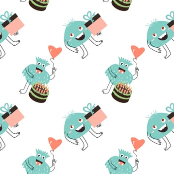 blue monster and cake holiday wrapping pattern. Vector illustration can used for wrapping, scrapping, textile, decor, wallpaper, clothes print, cover design, posters and banners.