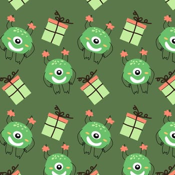 cute monster and box holiday seamless pattern. Vector illustration can used for wrapping, scrapping, textile, decor, wallpaper, clothes print, cover design, posters and banners.