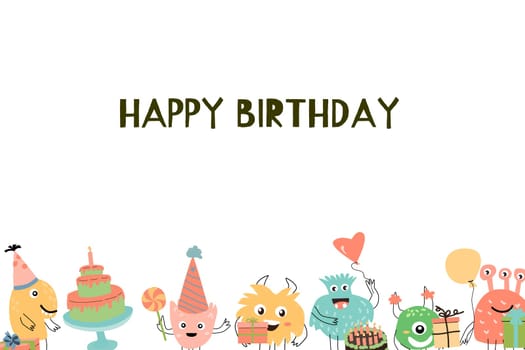 Celebration birthday cute monster background - card template. Vector illustration of cute doodle characters for invitation design, menu background, greeting card.