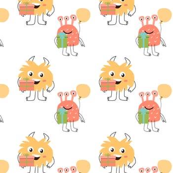 doodle flat monsters with present - pattern. Vector illustration can used for wrapping, scrapping, textile, decor, wallpaper, clothes print, cover design, posters and banners.