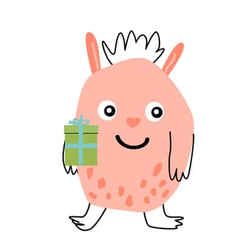 Pink baby monster with gift box for birthday banner. Vector illustration can used for banner, baby birthday background, greeting card, poster for interior. Cute alien or monster with balloon or gift, or cake