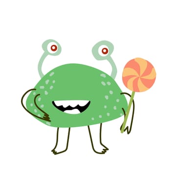 Cute monster baby character with lollipop. Vector illustration can used for banner, baby birthday background, greeting card, poster for interior. Cute alien in green color