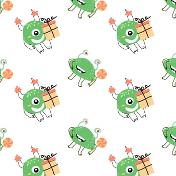 cute monsters with present box and lollipop childish pattern. Vector illustration can used for wrapping, scrapping, textile, decor, wallpaper, clothes print, cover design, posters and banners.
