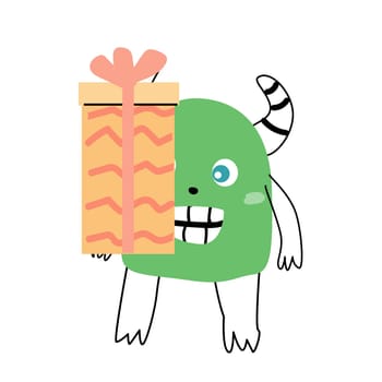 Green monster baby character with gift box. Vector illustration can used for banner, baby birthday background, greeting card, poster for interior. Cute alien or monster with balloon or gift, or cake