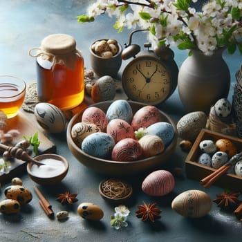 Easter eggs in the meadow. Eastern concept. Generated AI