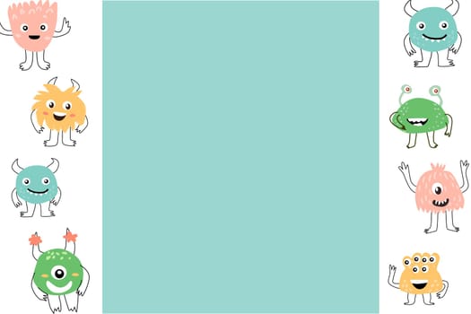 Celebration cute monster background - card template. Vector illustration of cute doodle characters for invitation design, menu background, greeting card.