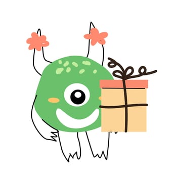 Cute monster girl with bow and gift box. Vector illustration can used for banner, baby birthday background, greeting card, poster for interior. Cute alien or monster.