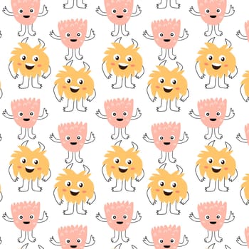 Cute baby pink and yellow monsters seamless pattern with doodle graphic. Vector illustration can used for baby textile, fabric design, infant or newborn print for t-shirt and other clothes.