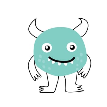 Cute baby monster character with horns smiling vector illustration. Can used for greeting card, poster, baby cards. Doodle monsers in trendy style.