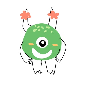 Cute monster baby girl character in green color. Vector illustration can used for banner, baby birthday background, greeting card, poster for interior. Cute alien or monster with balloon or gift, or cake