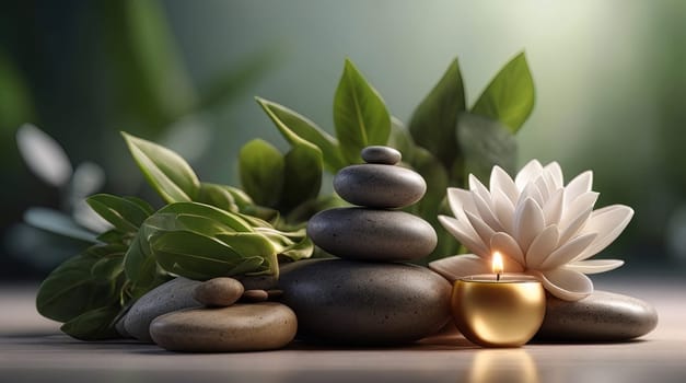 Spa Concept - Massage Stones With Towels And Flowers. Generative AI.