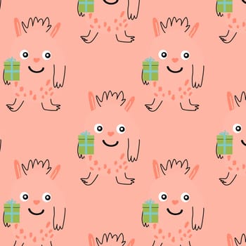 birthday pink monster background in doodle style. Vector illustration can used for wrapping, scrapping, textile, decor, wallpaper, clothes print, cover design, posters and banners.