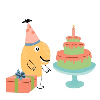 Cute monster baby character for anniversary birthday card. Vector illustration can used for banner, baby birthday background, greeting card. Cake and gift box
