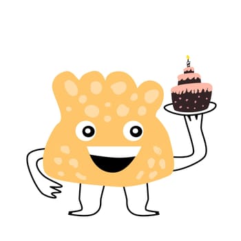 Cute monster baby character for anniversary card with cake. Vector illustration can used for banner, baby birthday background, greeting card, poster for interior. Cute alien or monster smiling