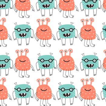 Cute baby red and blue monsters seamless pattern with doodle graphic. Vector illustration can used for baby textile, fabric design, infant or newborn print for t-shirt and other clothes.
