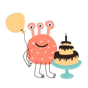 Cute monster with cake for anniversary card. Vector illustration can used for banner, baby birthday background, greeting card, poster for interior. Cute alien or monster with balloon or gift, or cake