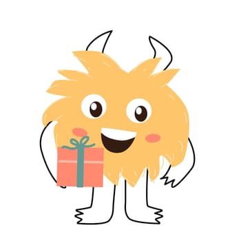 Cute yellow monster baby character for anniversary card. Vector illustration can used for banner, baby birthday background, greeting card, poster for interior. Cute alien or monster with gift