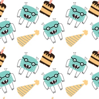 cute monster cake and cap seamless pattern. Vector illustration can used for wrapping, scrapping, textile, decor, wallpaper, clothes print, cover design, posters and banners.