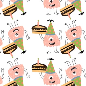 cute monster with cake seamless pattern. Vector illustration can used for wrapping, scrapping, textile, decor, wallpaper, clothes print, cover design, posters and banners.