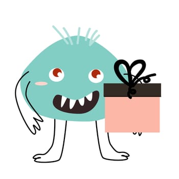 Cute monster baby character for anniversary card. Vector illustration can used for banner, baby birthday background, greeting card, poster for interior. Cute alien or monster with balloon or gift, or cake
