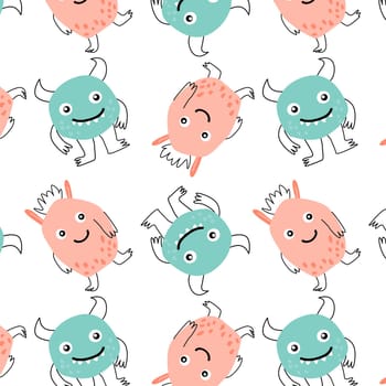 Cute baby monsters seamless pattern in doodle style. Vector illustration can used for baby textile, fabric design, infant or newborn print for t-shirt and other clothes.
