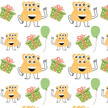 cute monster birthday present seamless pattern. Vector illustration can used for wrapping, scrapping, textile, decor, wallpaper, clothes print, cover design, posters and banners.