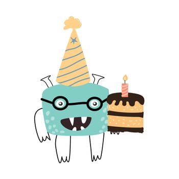 Cute blue monster baby character for anniversary card with cake. Vector illustration can used for banner, baby birthday background, greeting card, poster for interior.
