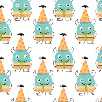 cute monster cake present box birthday seamless pattern. Vector illustration can used for wrapping, scrapping, textile, decor, wallpaper, clothes print, cover design, posters and banners.