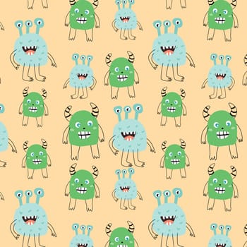 Cute baby green monsters pattern with doodle graphic. Vector illustration can used for baby textile, fabric design, infant or newborn print for t-shirt and other clothes.