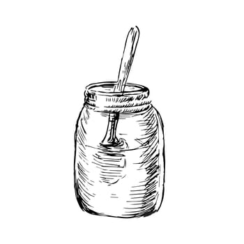 Hand drawn sketch of Hand drawn sketch of honey jar with spoon. Vector illustration can used for wrapping paper, textile, food label, print for organic honey products.