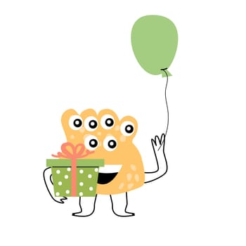 Birthday card with cute monster and gift box. Vector illustration can used for banner, baby birthday background, greeting card, poster for interior. Cute alien or monster with balloon or gift, or cake