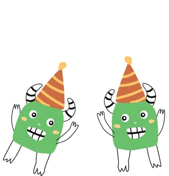 Cute monster sbaby characters for anniversary. Vector illustration can used for banner, baby birthday background, greeting card, poster for interior. Cute alien or monsters in birthday cap.