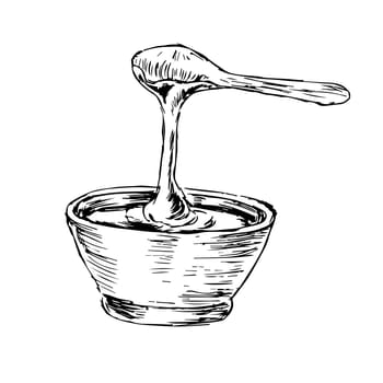 Hand drawn sketch of honey spoon and pot. Vector illustration can used for wrapping paper, textile, food label, print for organic honey products.