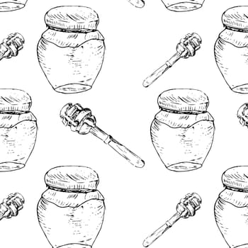 Hand drawn sketch of honey jar and spoon pattern. Vector illustration can used for wrapping paper, textile, food label, print for organic honey products.