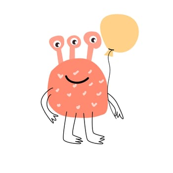 Cute pink monster baby character for anniversary card. Vector illustration can used for banner, baby birthday background, greeting card, poster for interior. Cute alien or monster with balloon