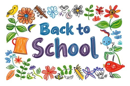 Naive children's drawing with colored chalk on white paper, made by hand by a child, text Back to School. Neural network generated image. Not based on any actual scene or pattern.